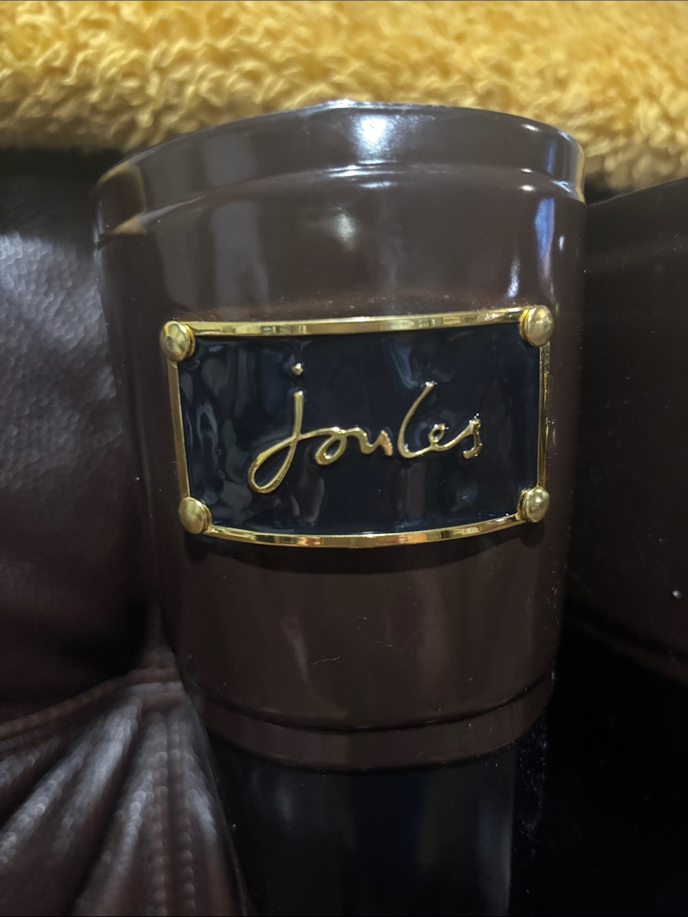 Joules Black and Brown Glossy Tall Rain Boots with Tan Trim - Picture 4 of 10